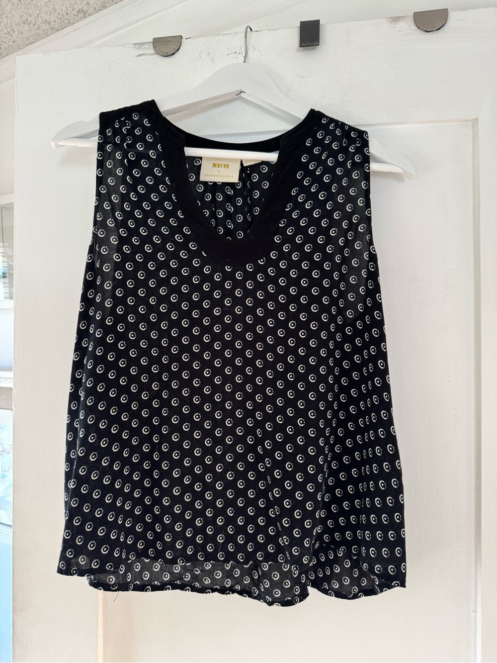 Anthropologie Black Sleeveless V-Neck Camisole with White Dot Print